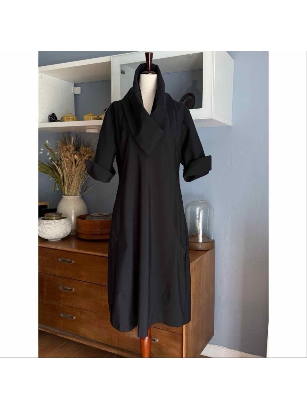 Karen Klein Black A-Line Midi Dress Lagenlook Avant Garde Art Minimalist